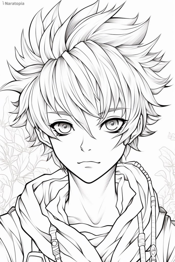 Coloring page of a an anime boy.