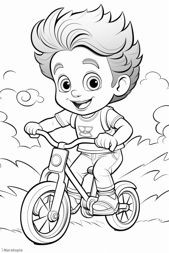 Coloring page of a boy on a bike.