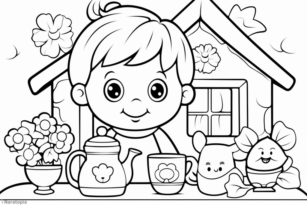 Coloring page of a cute boy eating breakfast