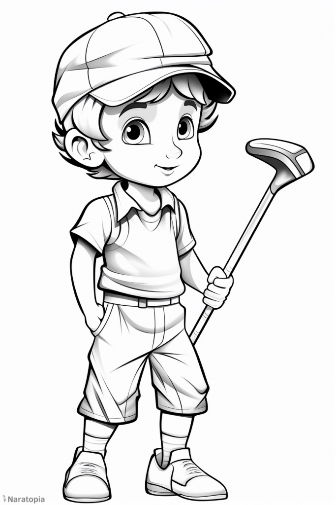 Coloring page of a boy playing golf.