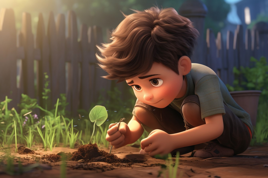 Crouched little boy holding a small stem of a green plant outdoors in the garden.