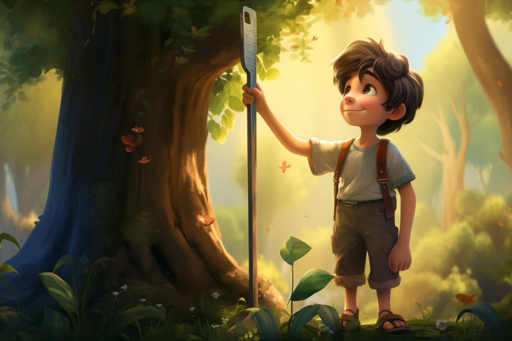 Little boy measuring his height against a tree with a long ruler the same size as him.