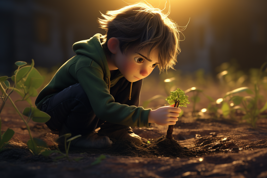 Crouched little boy planting a small green sprout into the ground.