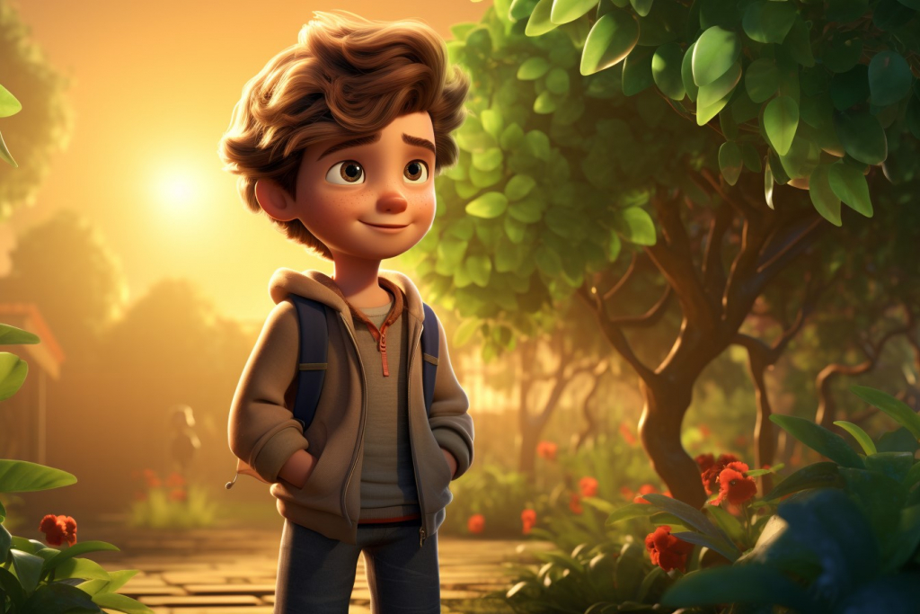 Little boy standing by a large tree with green leaves during sunset.