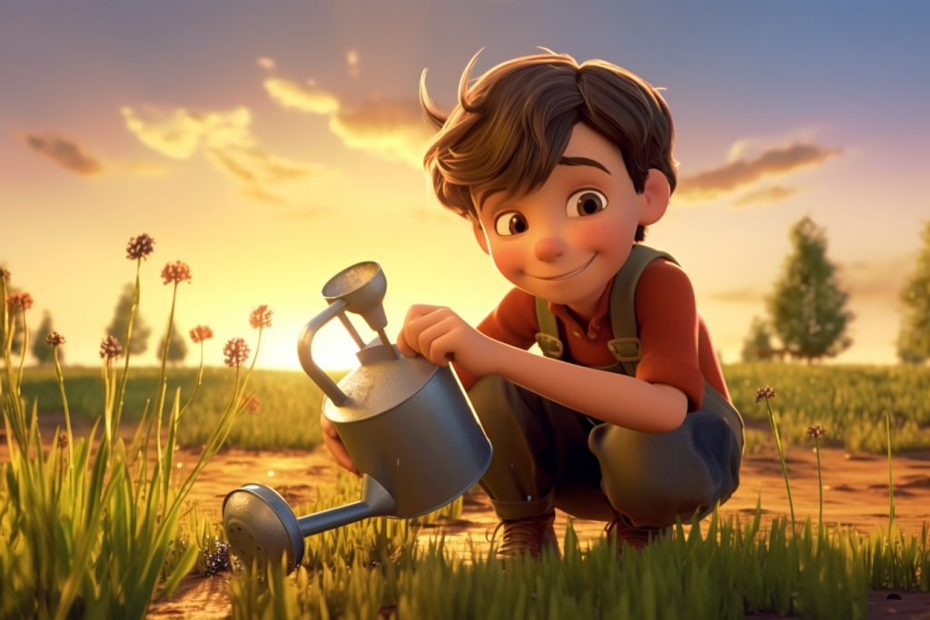 Little boy crouched down watering plants in the garden at sunset.