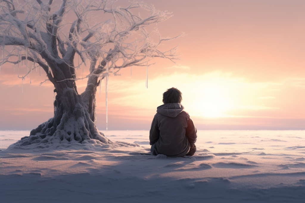 Young boy sitting on snow-covered ground, looking at a dried tree draped in snow and icicles.