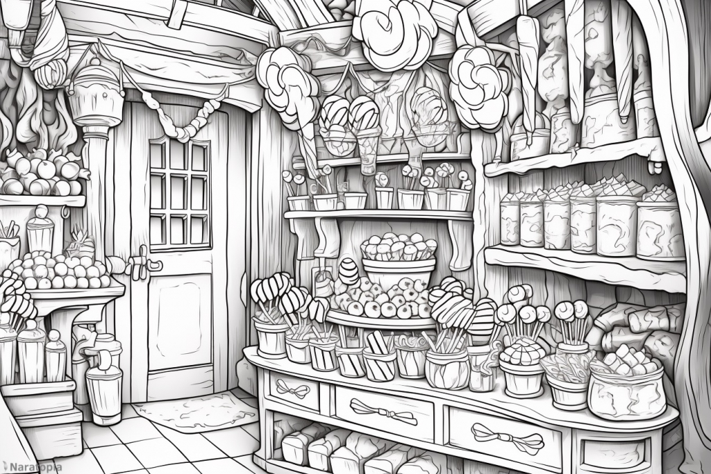 Coloring page of a candyshop.