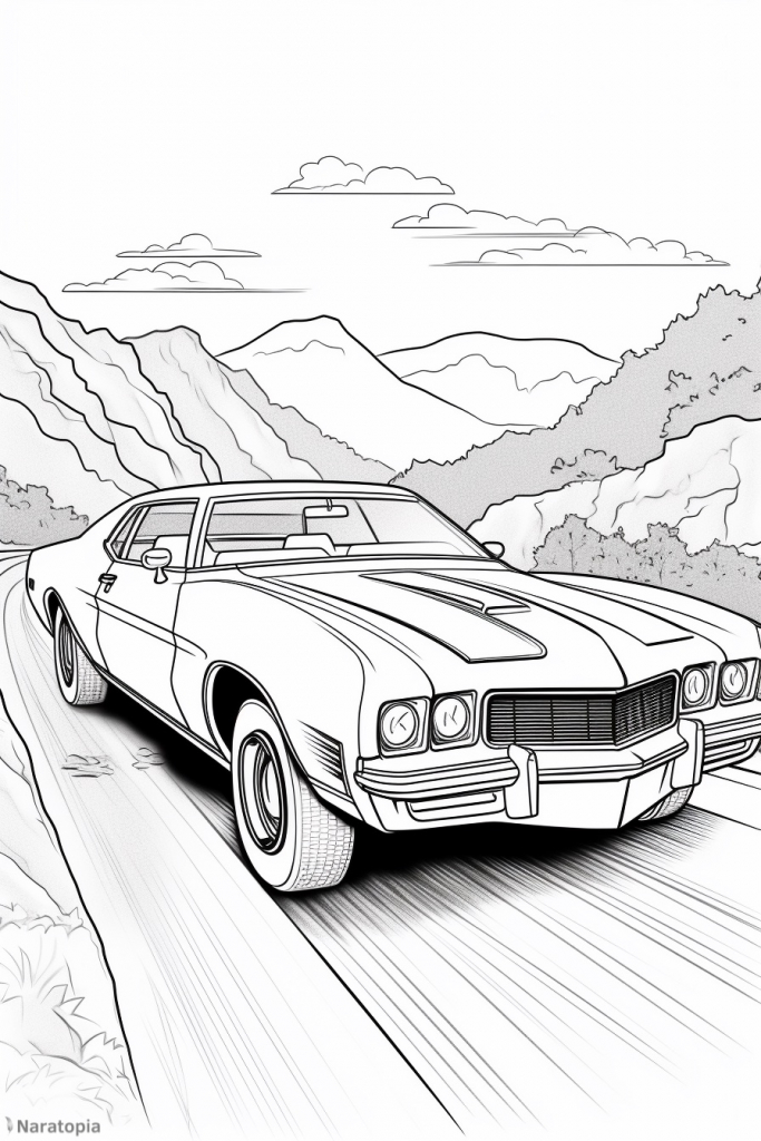 Coloring page of a vintage car in mountains.