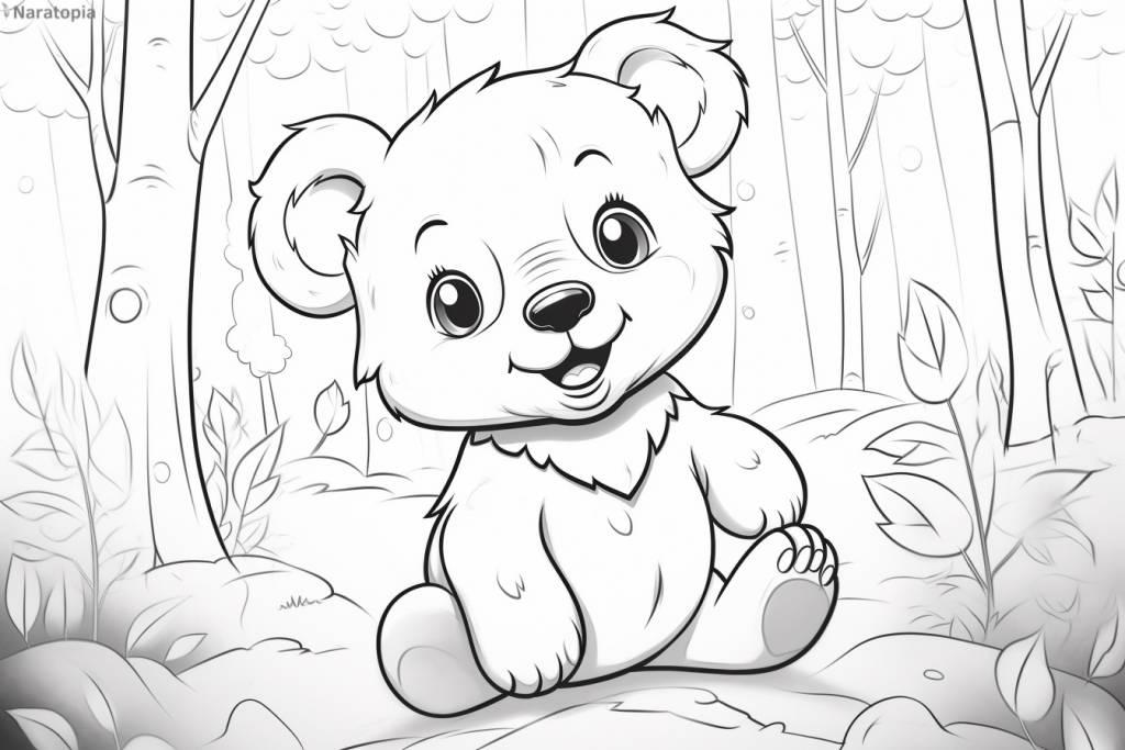 Coloring page of a cute bear in a forest.