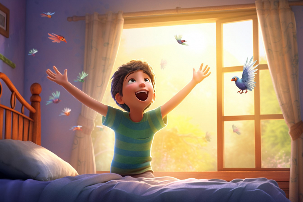 Happy little boy in a brightly lit room with colorful birds.