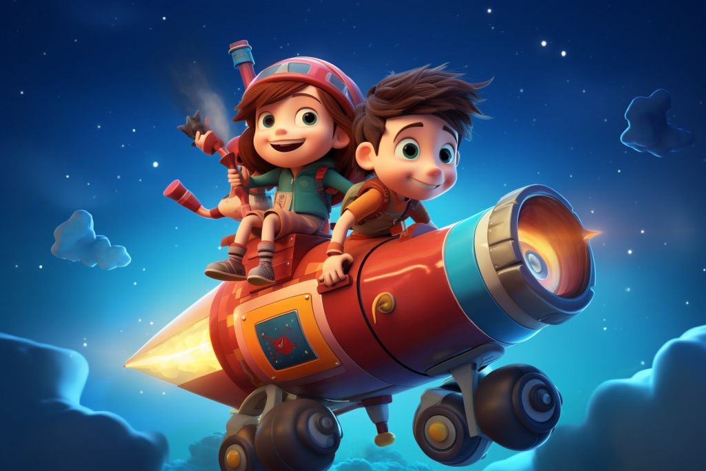 Cartoon kids on a rocket fllying through the sky.