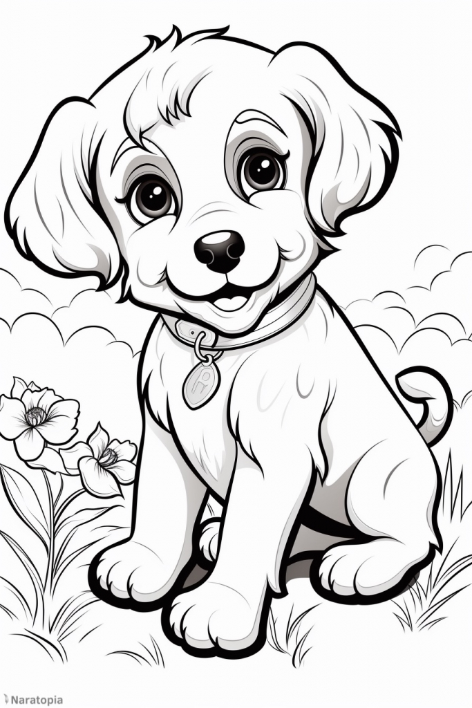 Coloring page of a cute puppy.