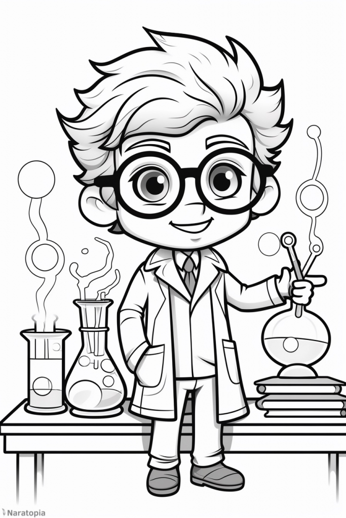 Coloring page of a boy scientist.