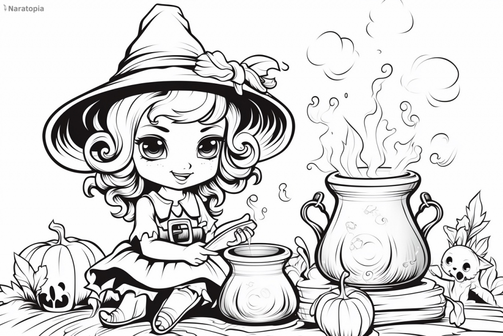 Coloring page of a witch girl mixing potions.