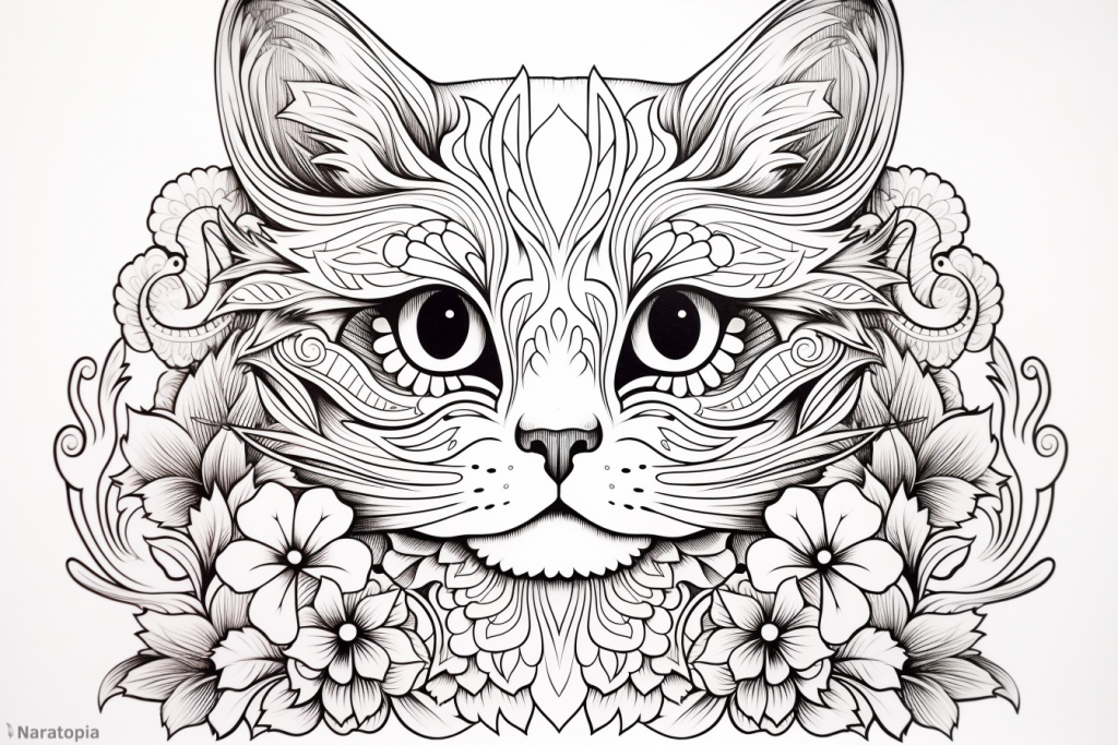 Coloring page of a cat with flowers.