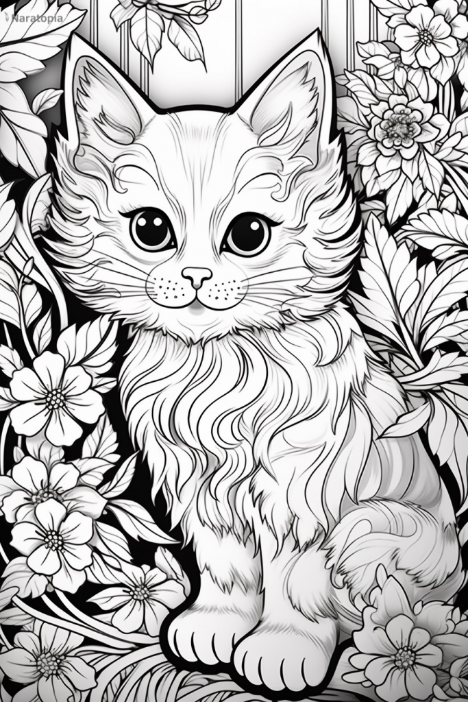 Coloring page of a cat with flowers.