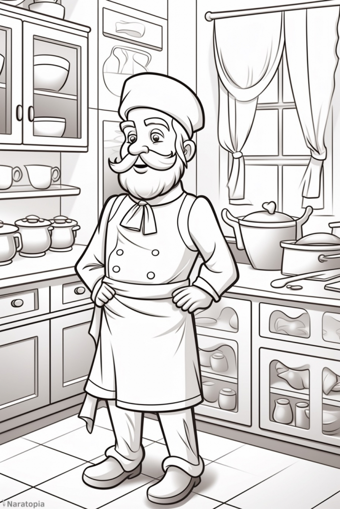 Coloring page of a chef in a kitchen.
