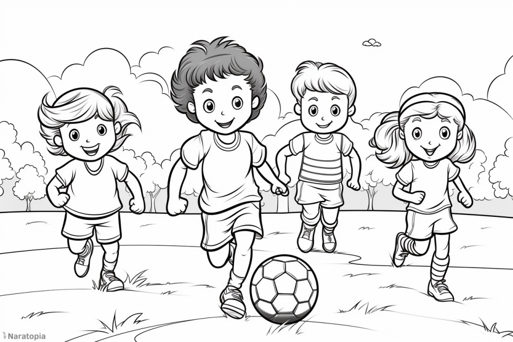Coloring page of children playing football.