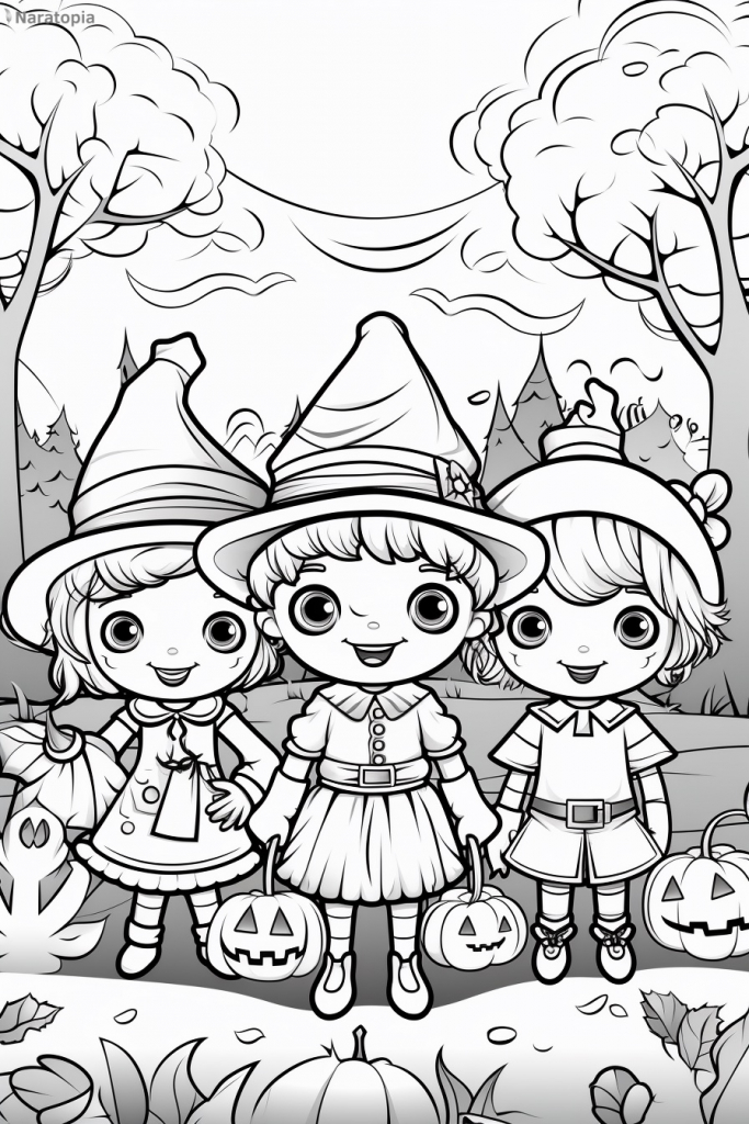 Coloring page of children in costumes on Halloween.