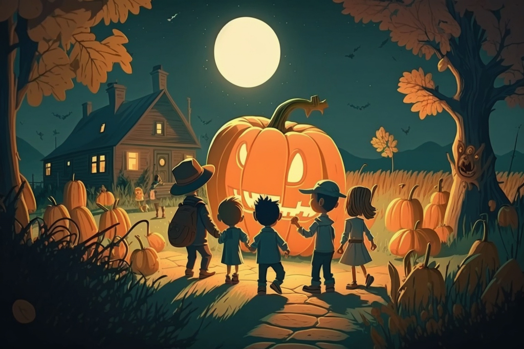 Children gathered aroung a big Halloween pumpkin.