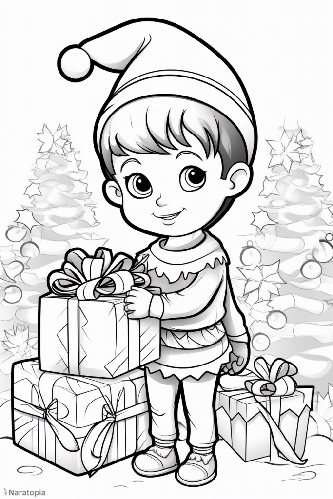 Coloring page of a cute Christmas elf.