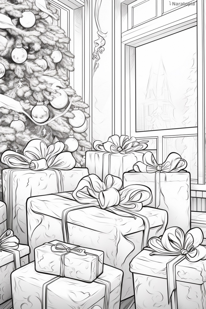 Coloring page of gifts under Christmas tree.