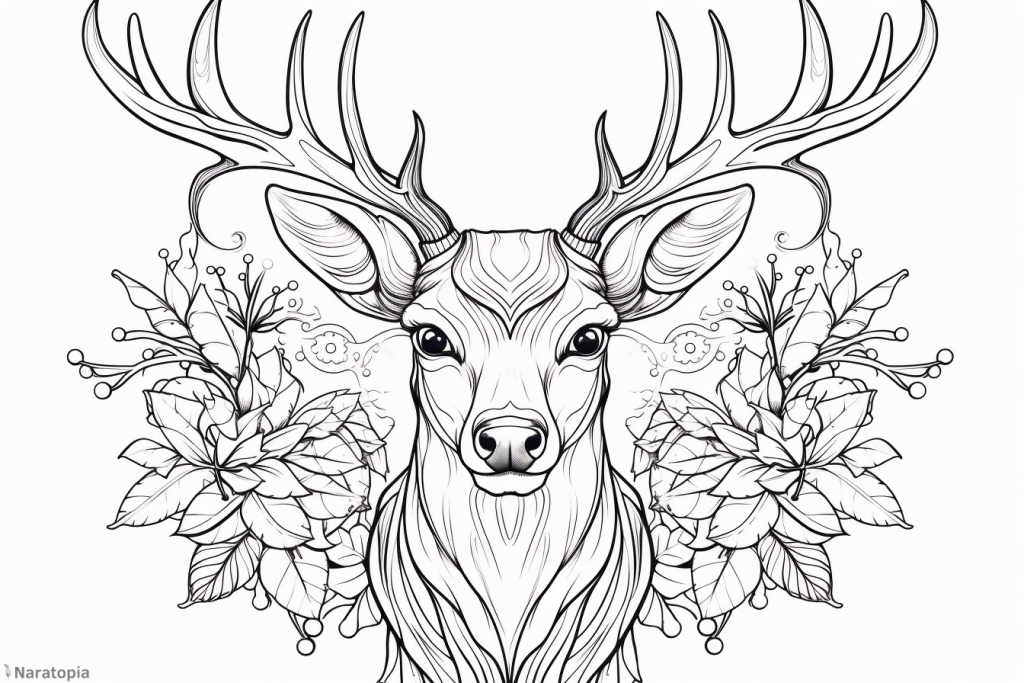 Coloring page of a Christmas reindeer with flowers.