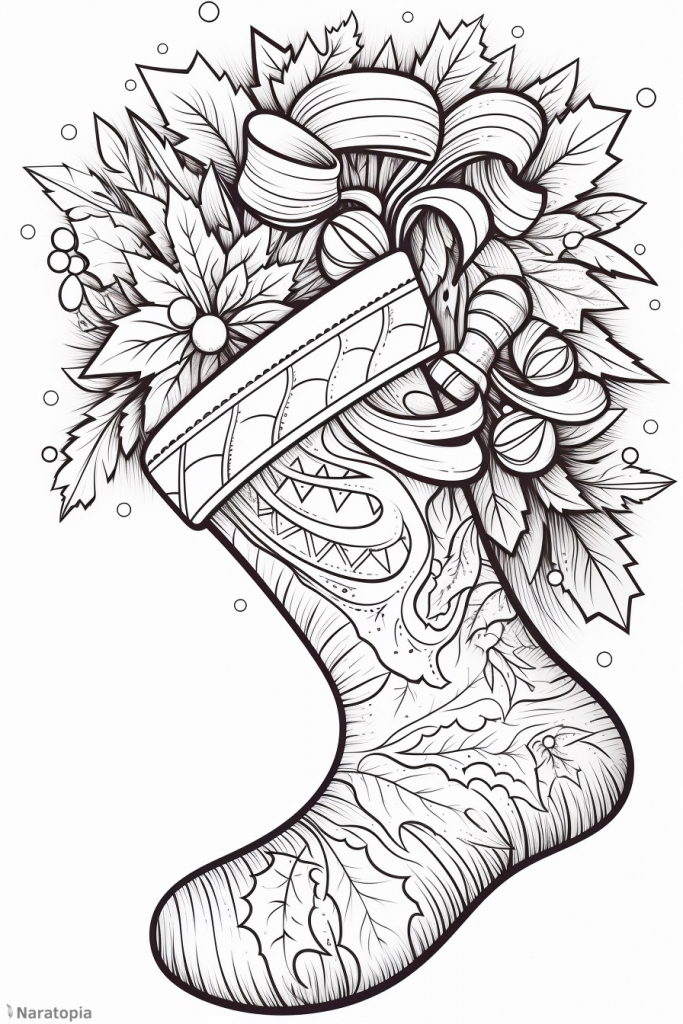 Coloring page of a Christmas stocking.