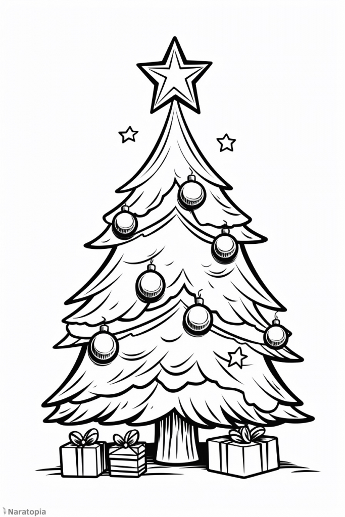 Coloring page of a Christmas tree.