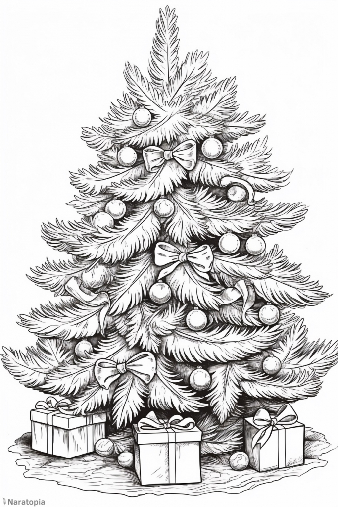 Coloring page of a Christmas tree.