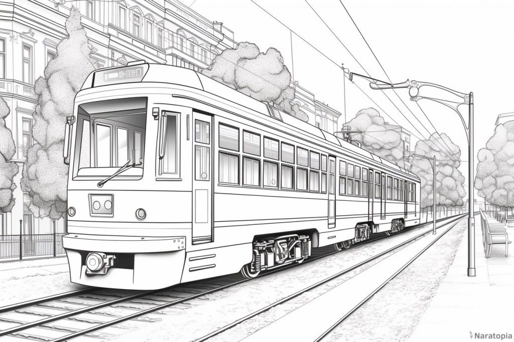 Coloring page of a tram in a city.