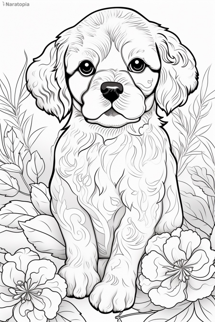 Coloring page of a cute Cockerspaniel dog.