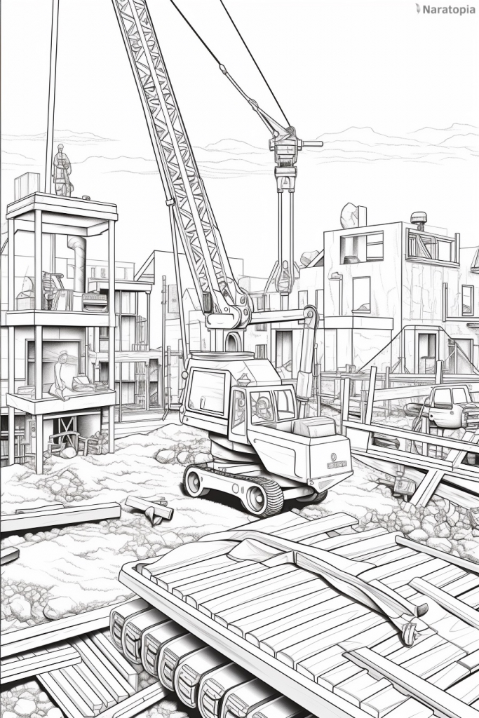 Coloring page of a construction site.