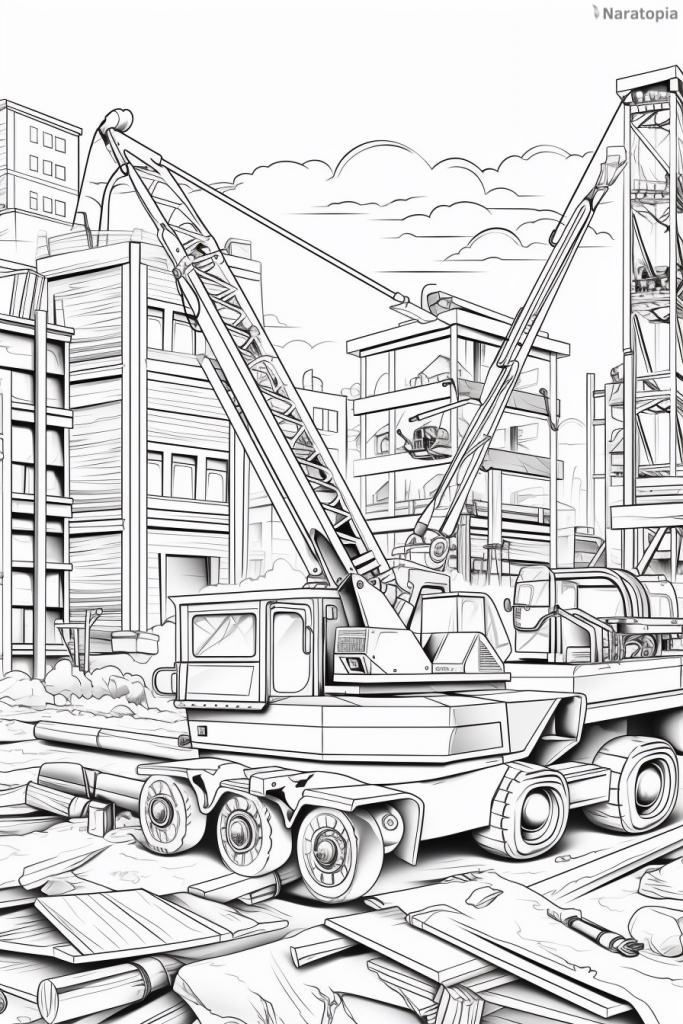 Coloring page of a construction site.