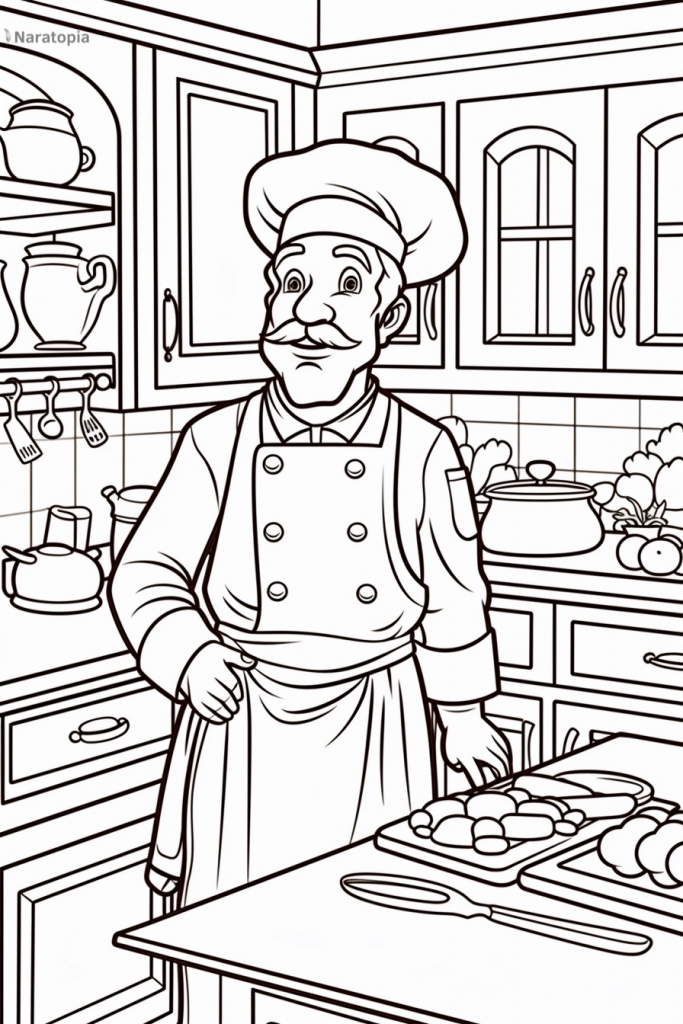 Coloring page of a cook in a kitchen.