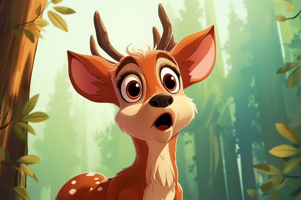 Curious cartoon deer with a cute face in a forest.