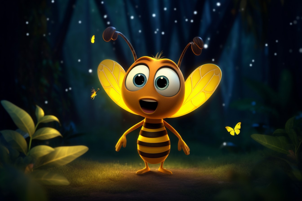 Cartoon curious firefly with yellow wings in a forest.