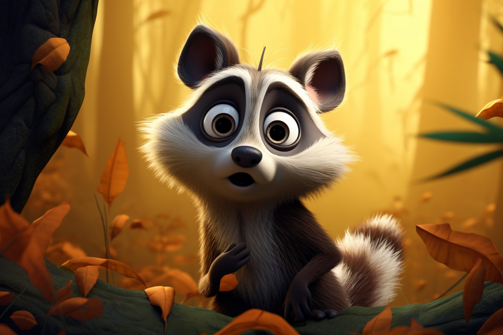 Curious racoon with cute face in a forest.