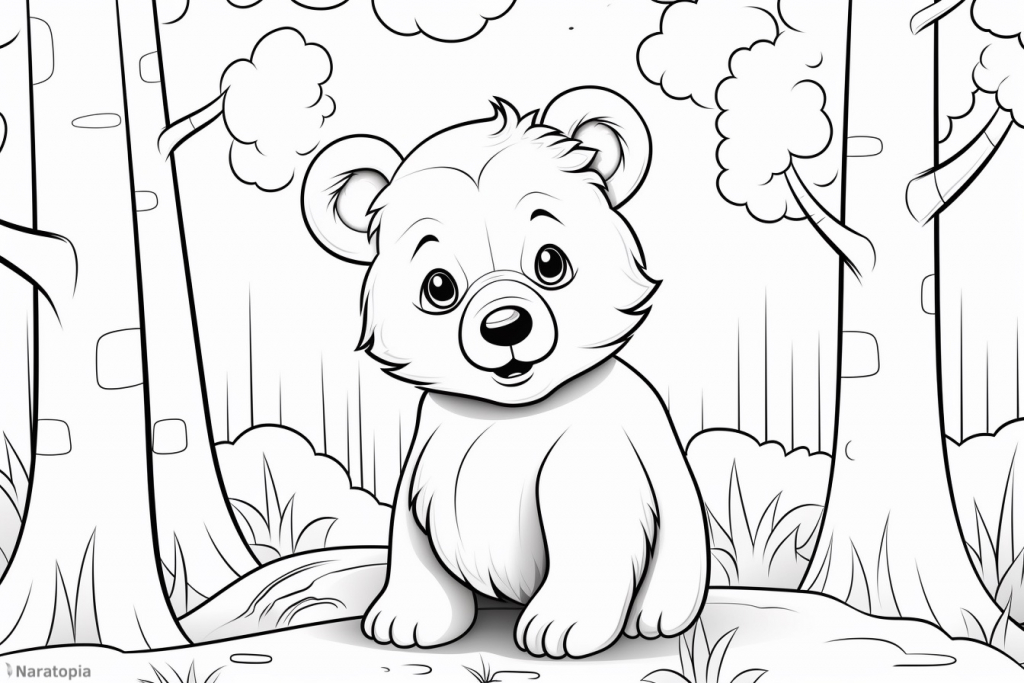 Coloring page of a cute bear in a forest.