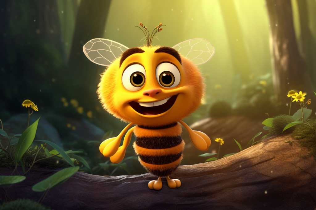 A cute happy cartoon bee with a big a smile in a forest.