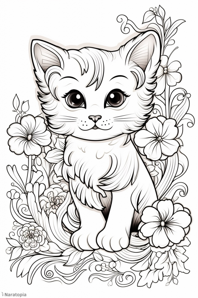 Coloring page of a cat with flowers.