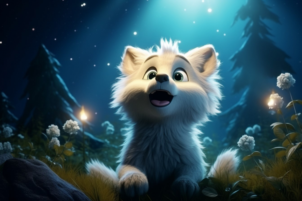 Cute cartoon white small wolf in a forest.