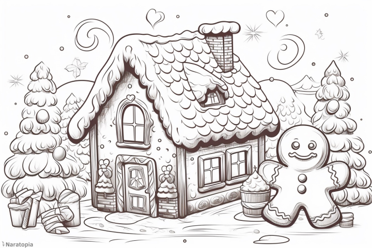 Coloring page of a cute gingerbread house.