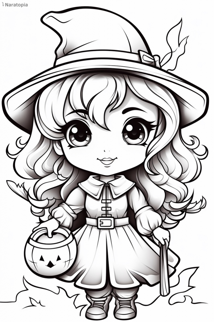 Coloring page of a cute girl in Halloween witch costume.
