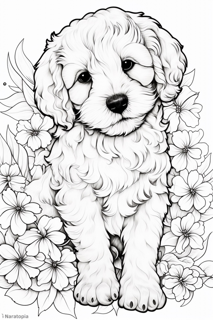 Coloring page of a cute Labradoodle puppy.