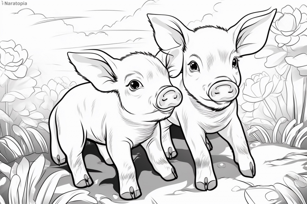 Coloring page of cute piglets.