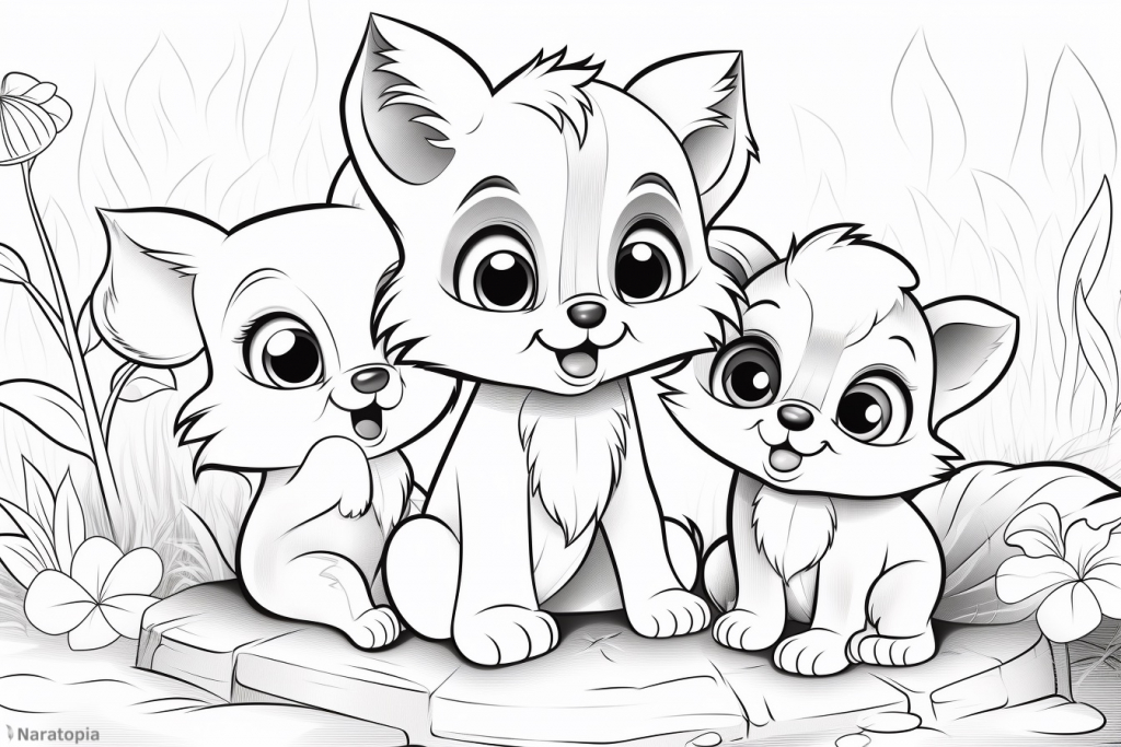 Coloring page of cute puppies.