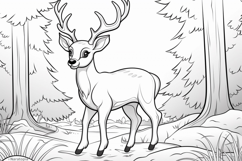 Coloring page of a cute reindeer in a forest.