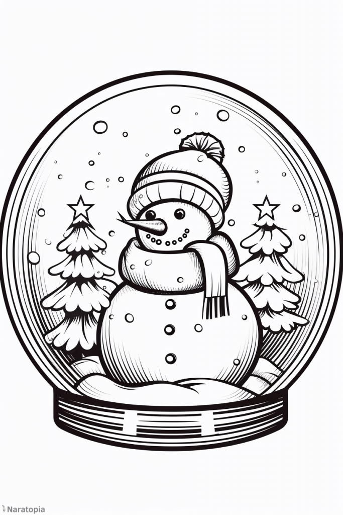 Coloring page of a snowman in a snowglobe.