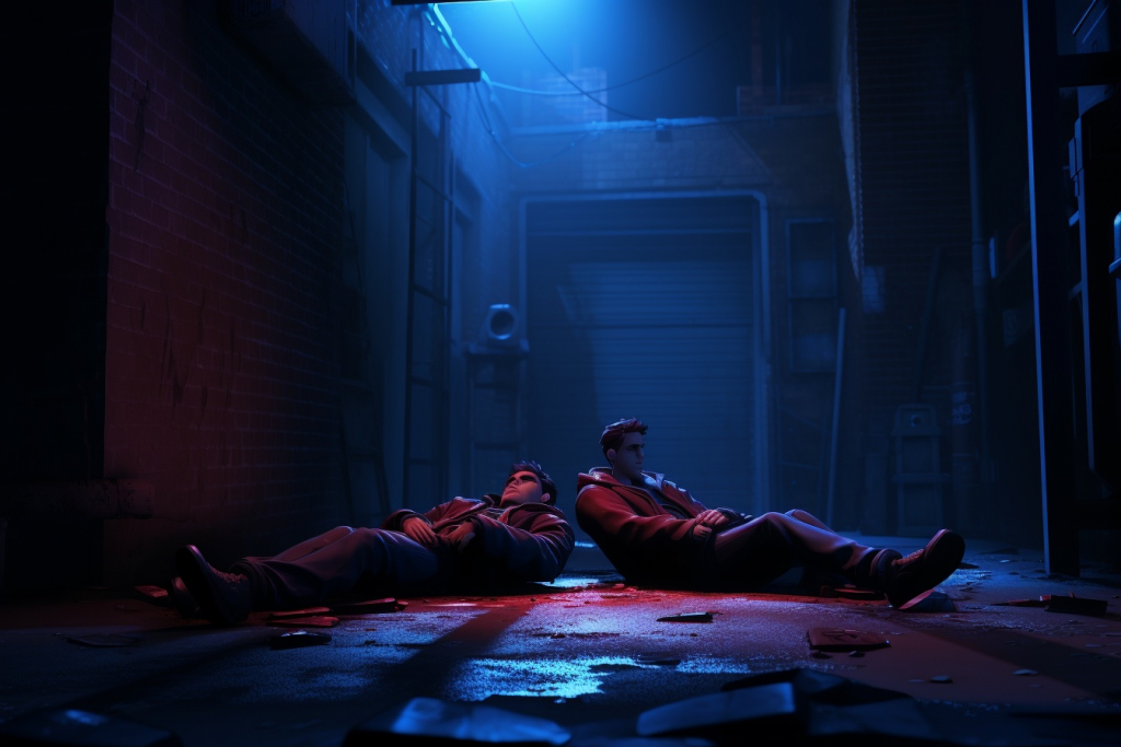 Two defeated gang members lying on a street.